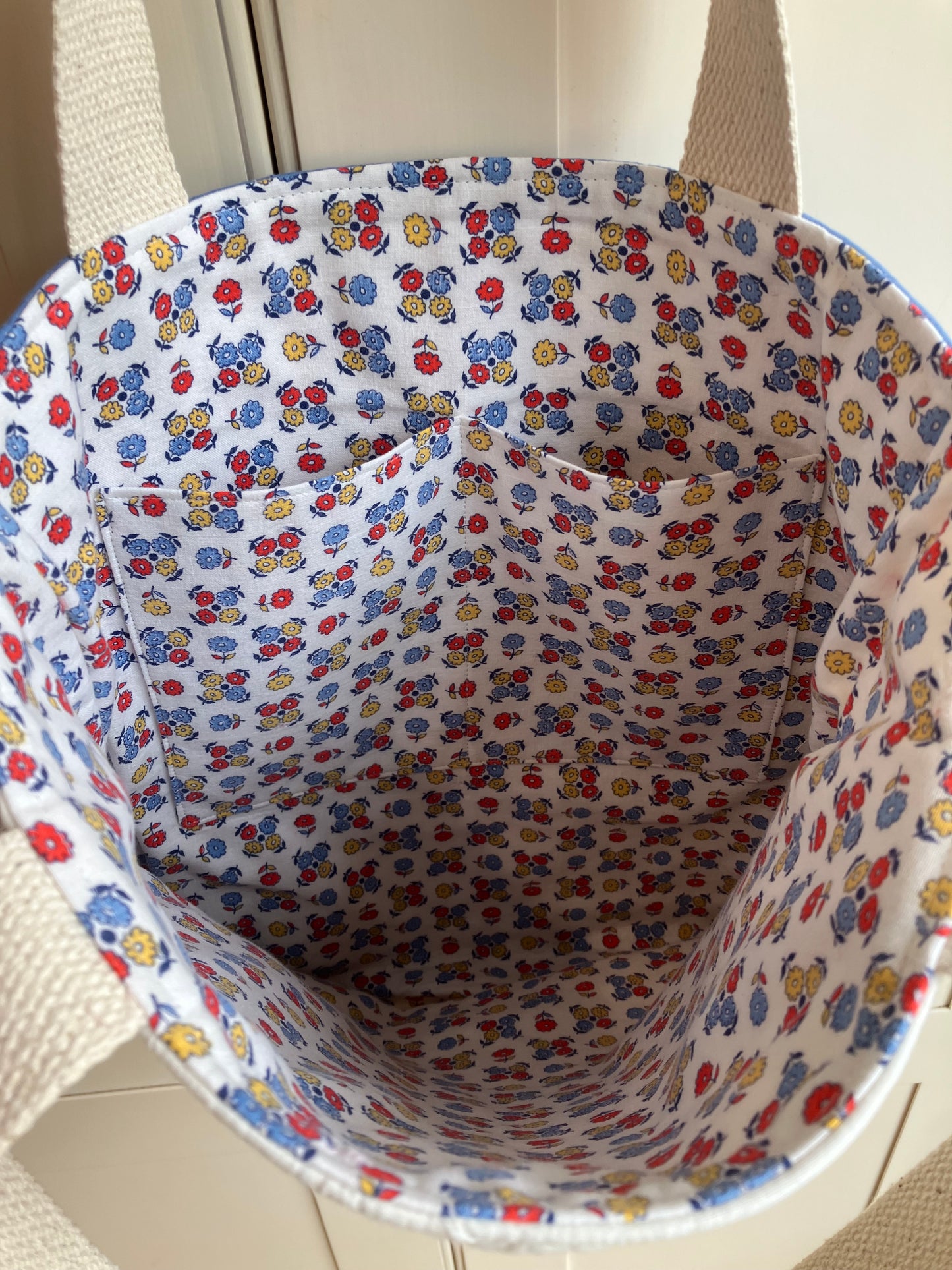 Red and Blue Butterfly Vintage Quilt Ruffle Tote Bag