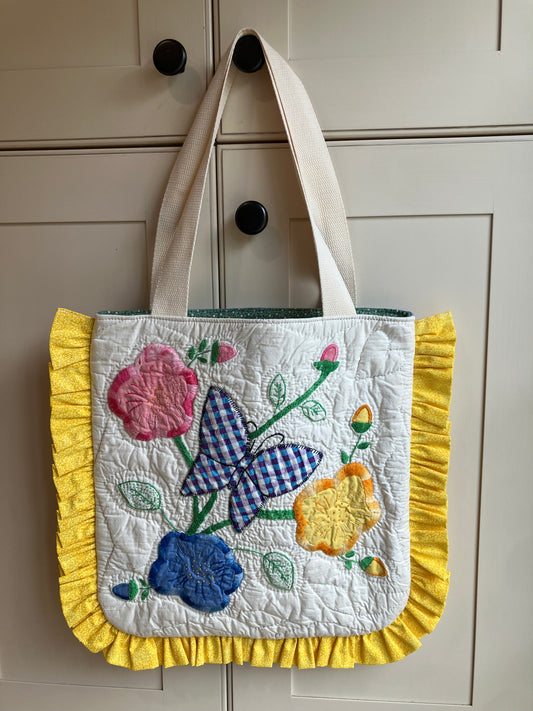 Blue and Purple Butterfly Vintage Quilt Ruffle Tote Bag