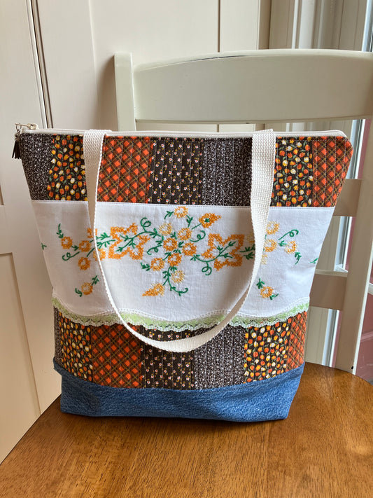 Vintage Fabric and Embroidery Zipper Tote