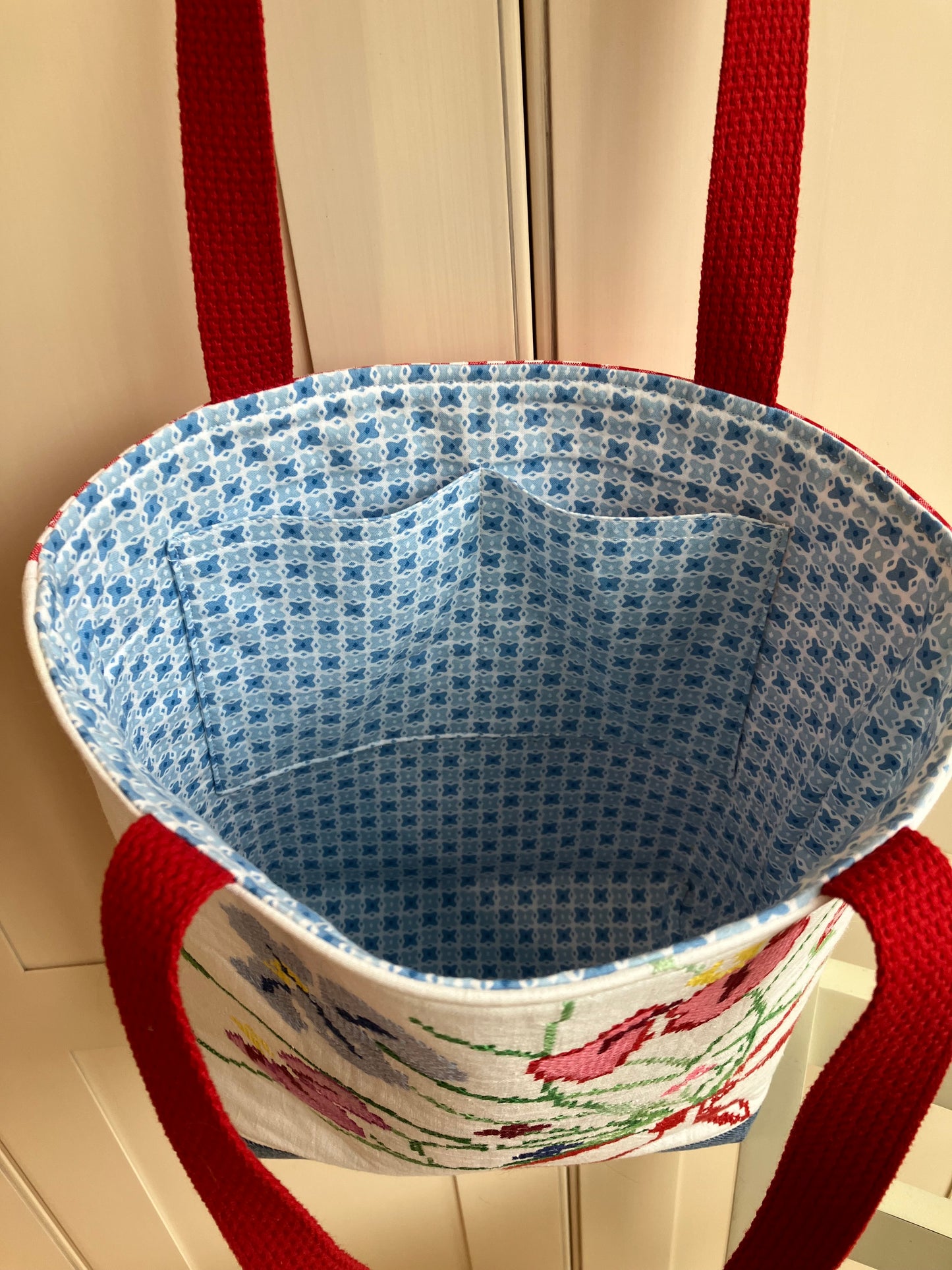Vintage Flowers Embroidery and Gingham Tote Bag