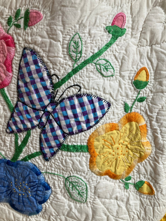 Blue and Purple Butterfly Vintage Quilt Ruffle Tote Bag