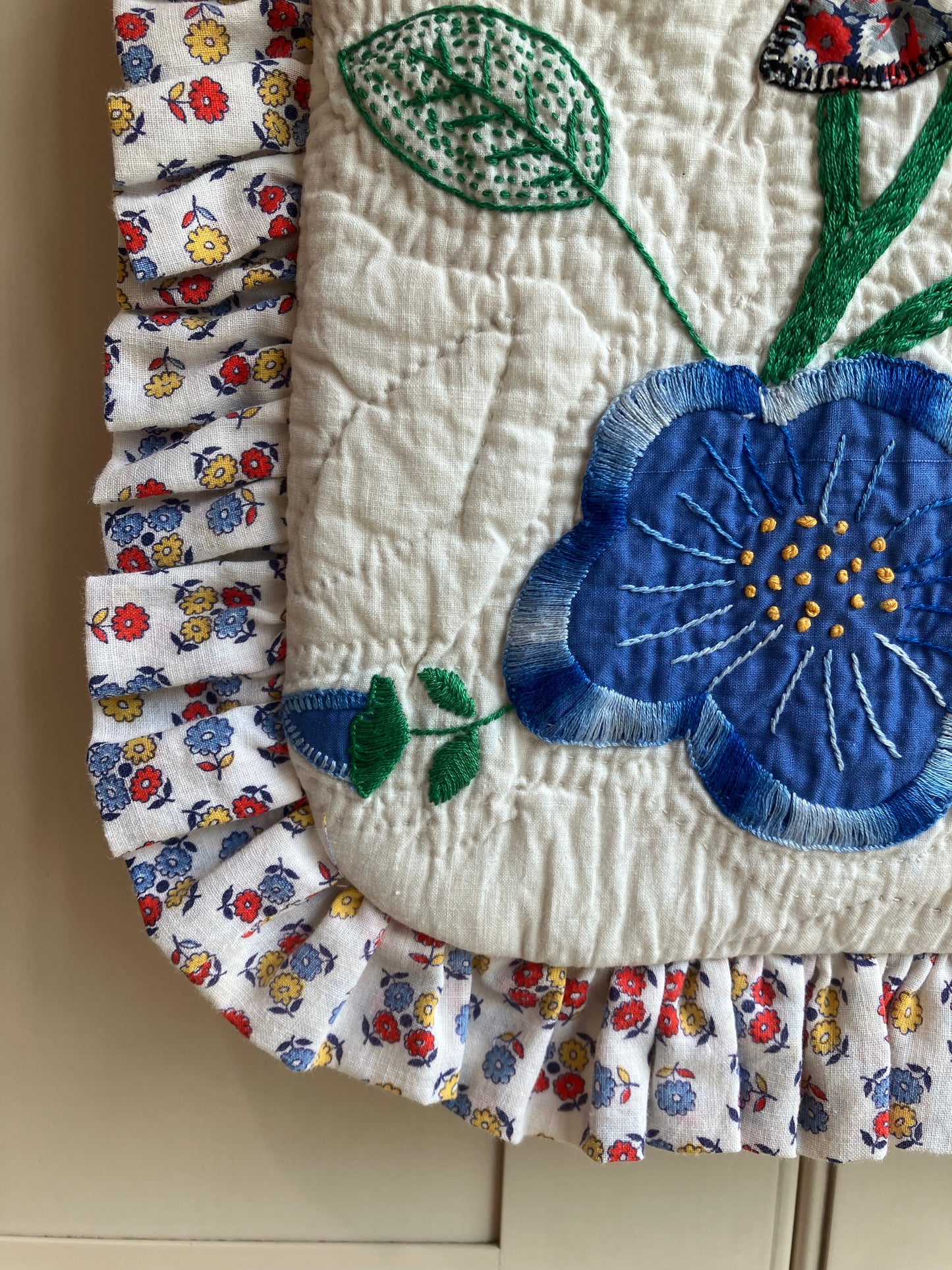 Red and Blue Butterfly Vintage Quilt Ruffle Tote Bag