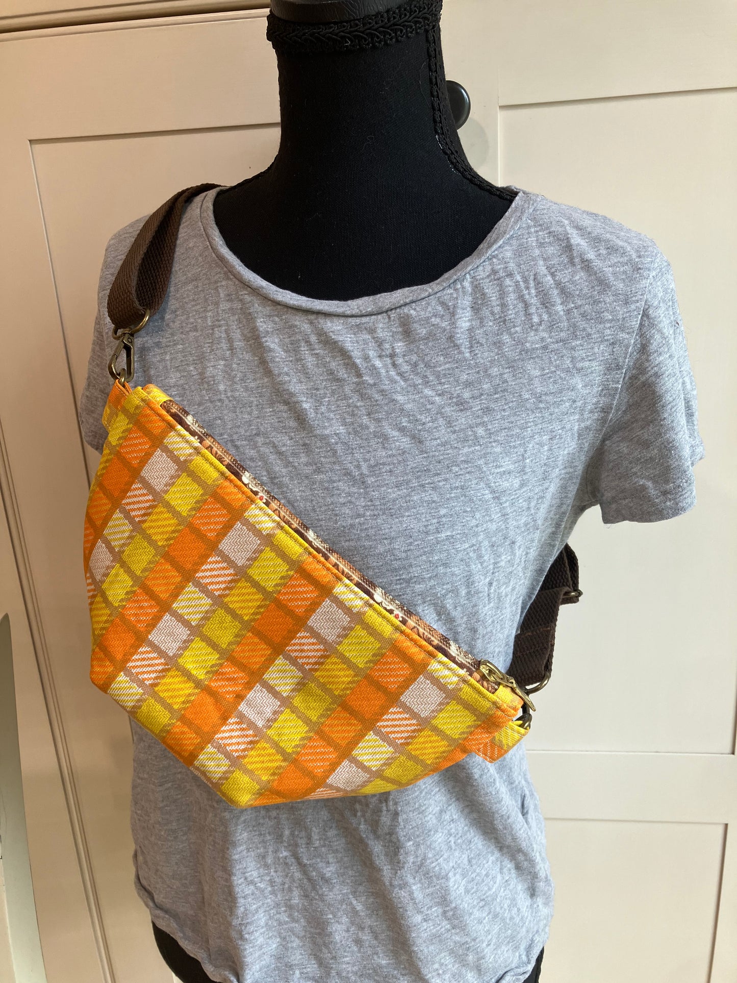Vintage Orange and Yellow Plaid Cross Body Belt Bag