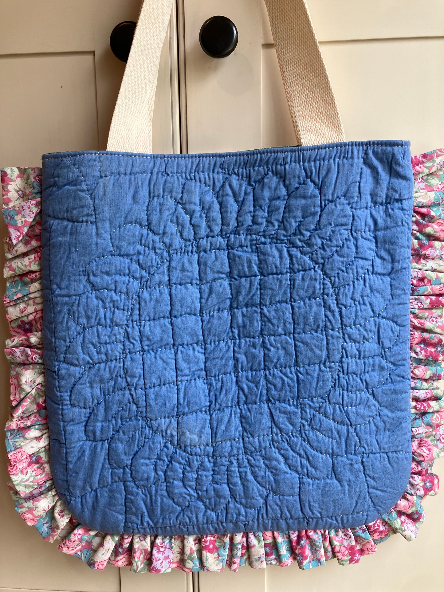 Black and Pink Butterfly Vintage Quilt Ruffle Tote Bag