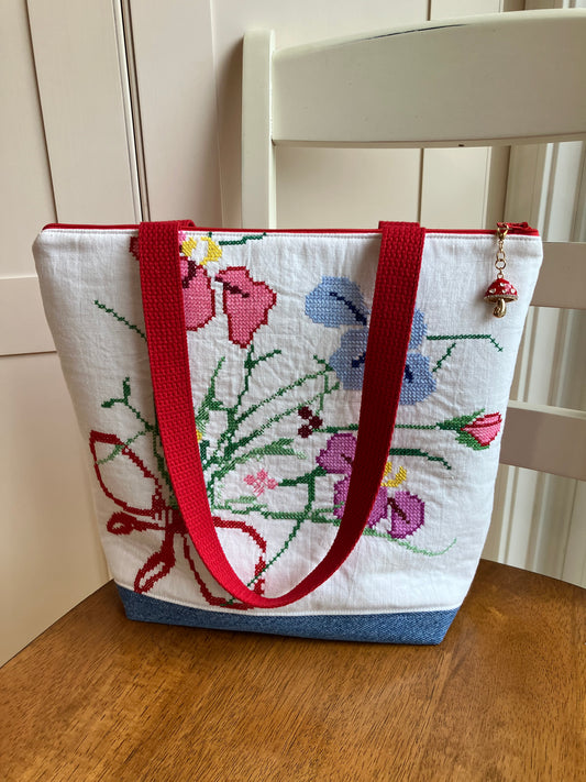 Vintage Flowers Cross Stitch and Gingham Zipper Tote Bag