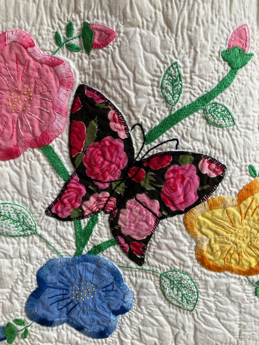 Black and Pink Butterfly Vintage Quilt Ruffle Tote Bag