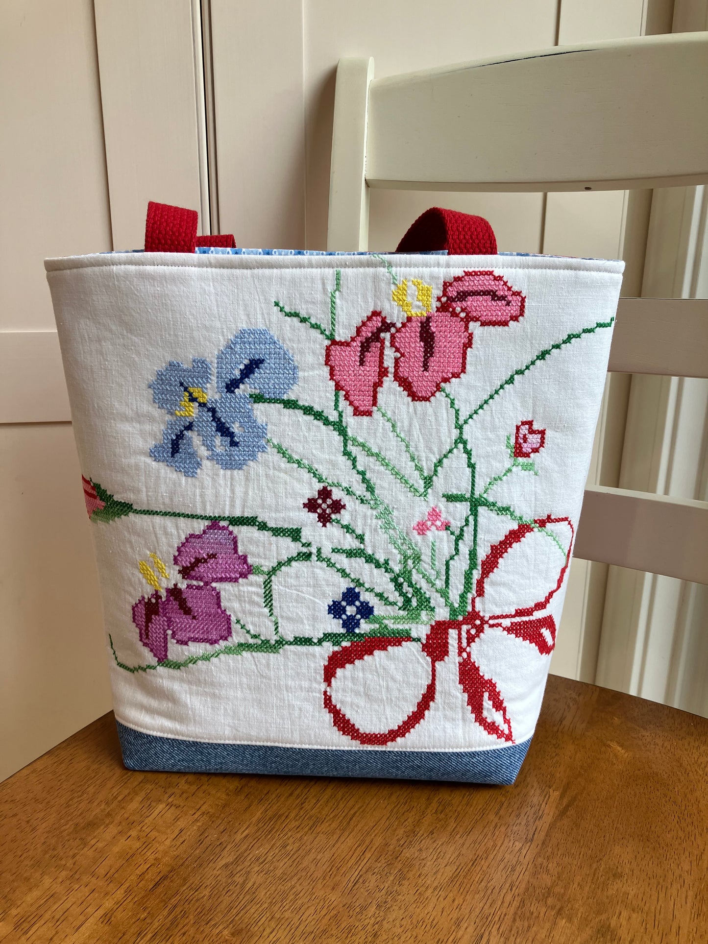 Vintage Flowers Embroidery and Gingham Tote Bag