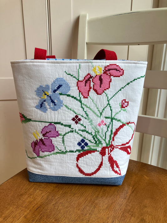 Vintage Flowers Embroidery and Gingham Tote Bag