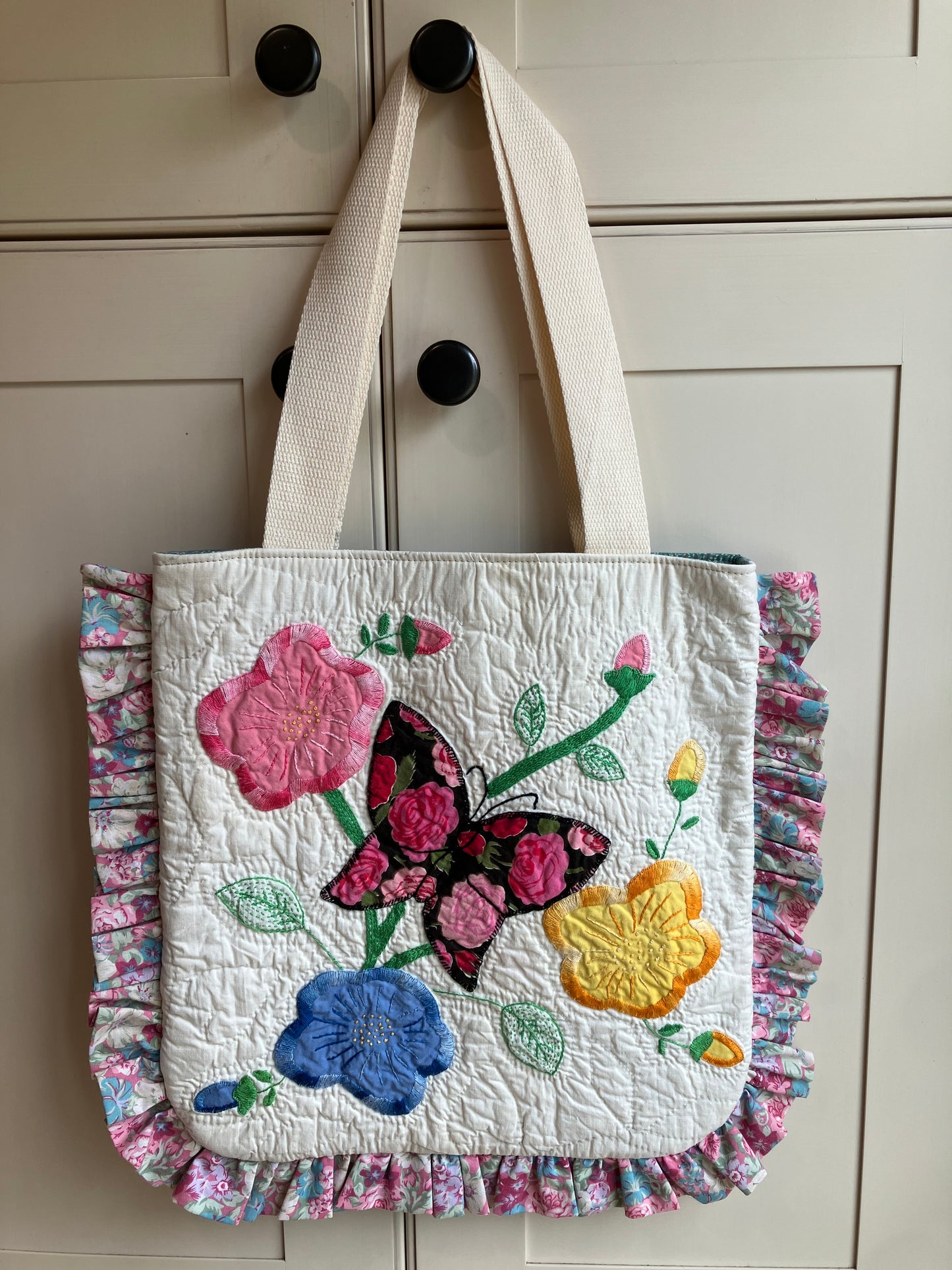 Black and Pink Butterfly Vintage Quilt Ruffle Tote Bag