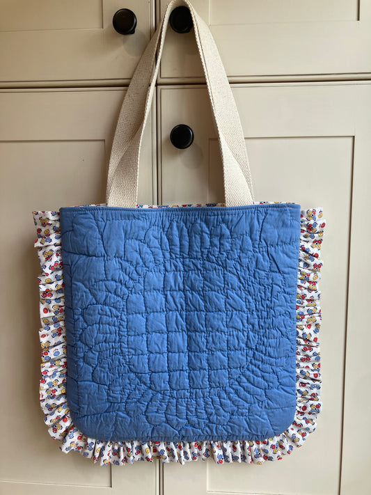 Red and Blue Butterfly Vintage Quilt Ruffle Tote Bag