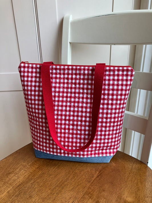 Vintage Flowers Cross Stitch and Gingham Zipper Tote Bag