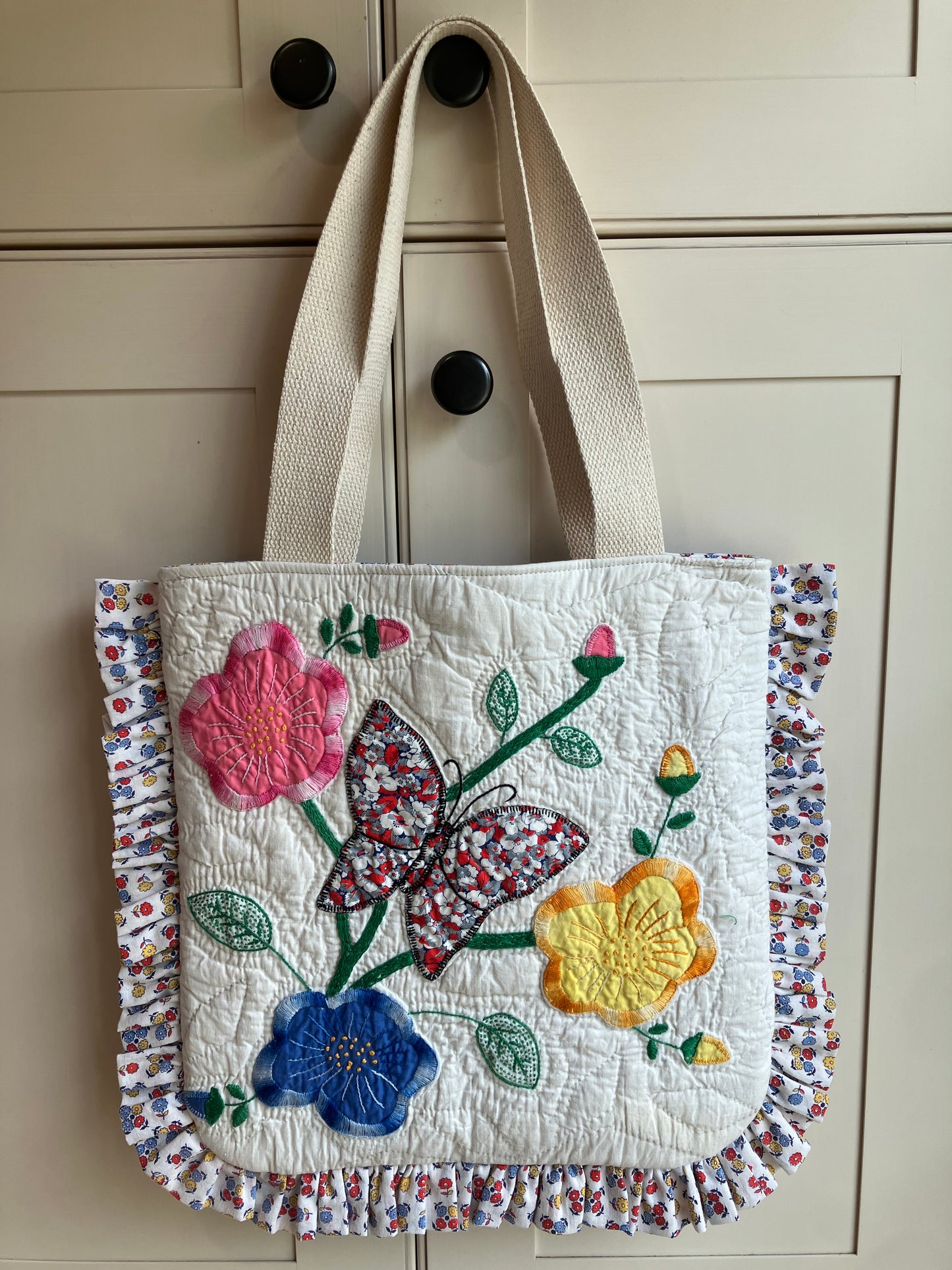 Red and Blue Butterfly Vintage Quilt Ruffle Tote Bag