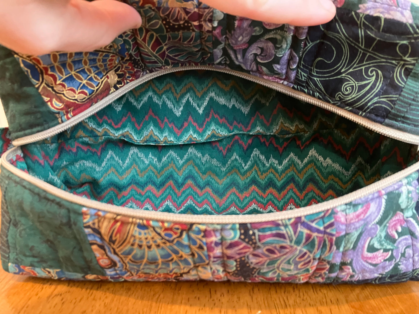 Vintage Patchwork Boxy Pouch Green, Black, Purple, Brown
