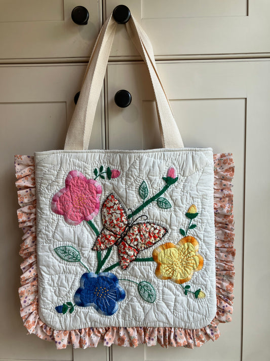 Orange Butterfly Vintage Quilt Ruffle Tote Bag