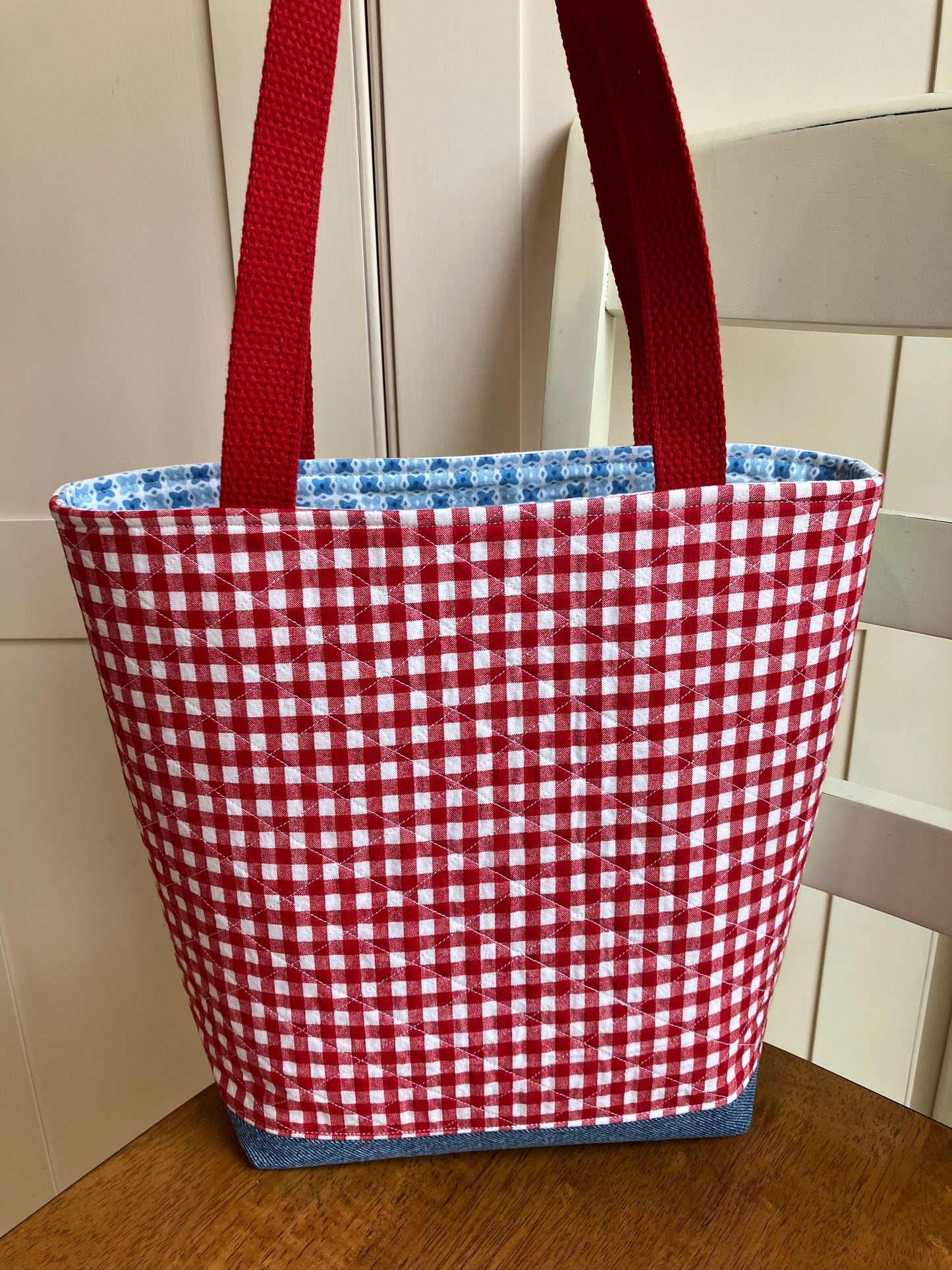 Vintage Flowers Embroidery and Gingham Tote Bag