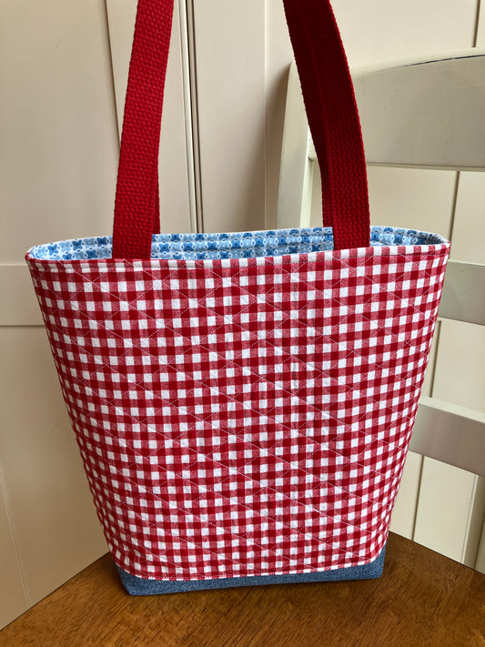 Vintage Flowers Embroidery and Gingham Tote Bag