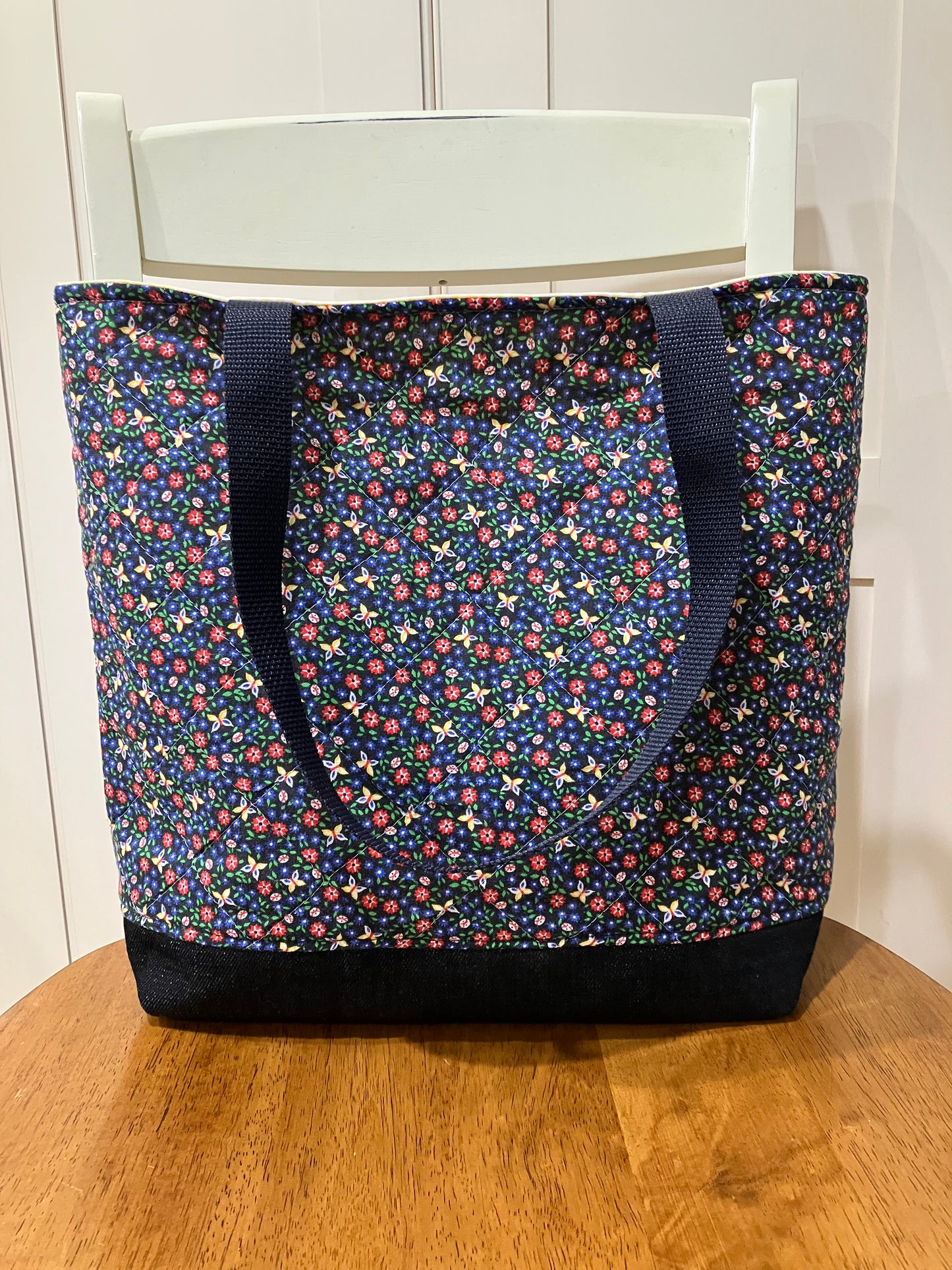 Vintage Navy Ditsy Floral Quilted Tote Bag