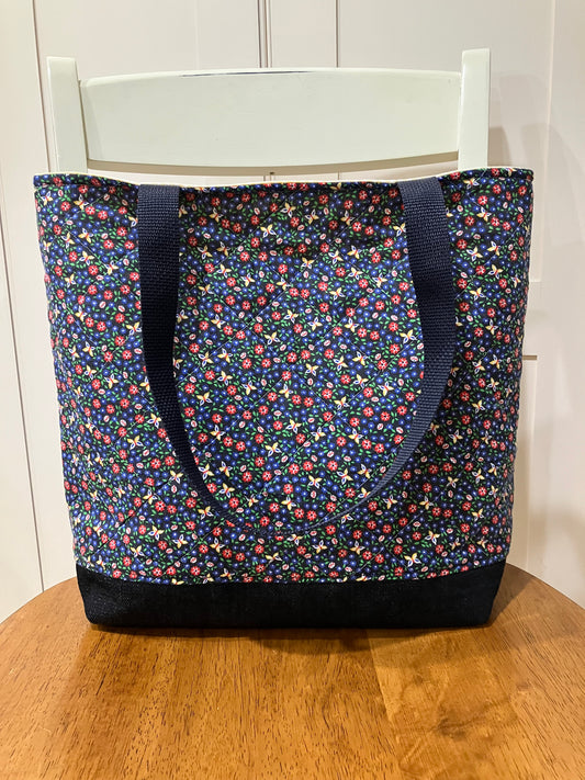 Vintage Navy Ditsy Floral Quilted Tote Bag